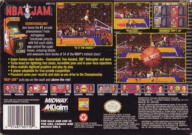 NBA JAM Back Cover - Super Nintendo, SNES Pre-Played