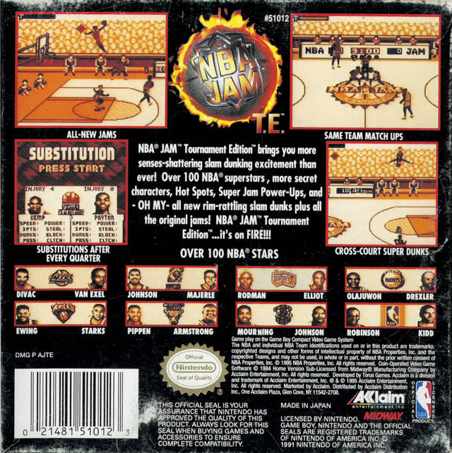 NBA Jam Tournament Edition Back Cover - Nintendo Gameboy Pre-Played