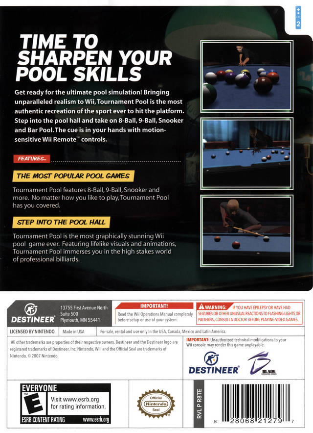 Tournament Pool Back Cover - Nintendo Wii Pre-Played