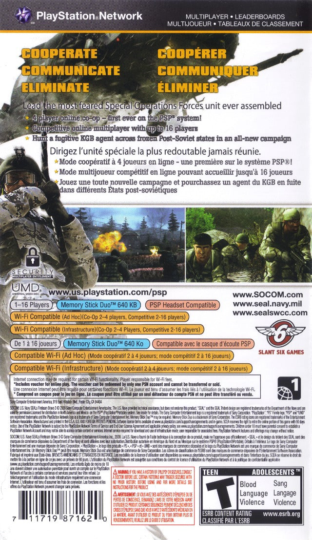 SOCOM US Navy Seals Fireteam Bravo 3 Back Cover - PSP Pre-Played