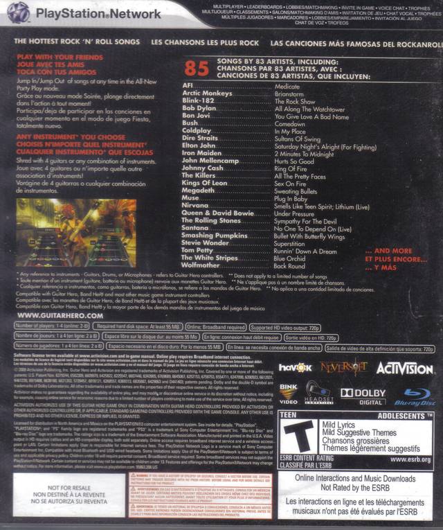 Guitar Hero 5 Back Cover Game Only - Playstation 3 Pre-Played