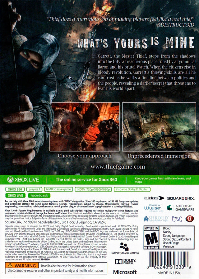 Thief Back Cover - Xbox 360 Pre-Played