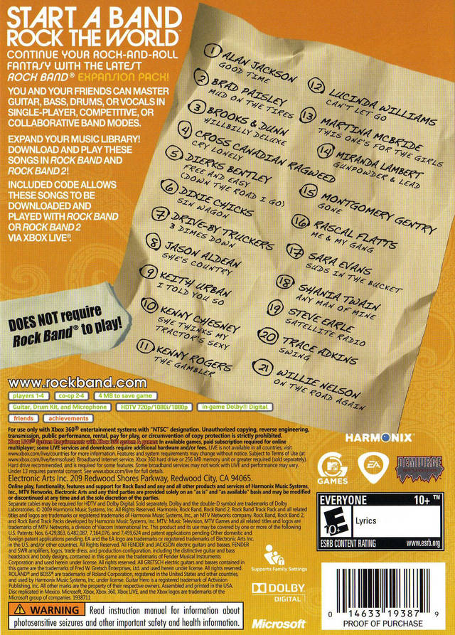 Rock Band Country Track Pack Back Cover - Xbox 360 Pre-Played