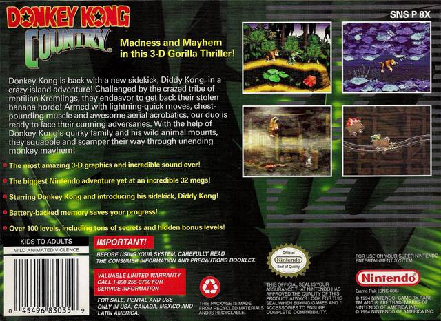 Donkey Kong Country Back Cover - Super Nintendo, SNES Pre-Played