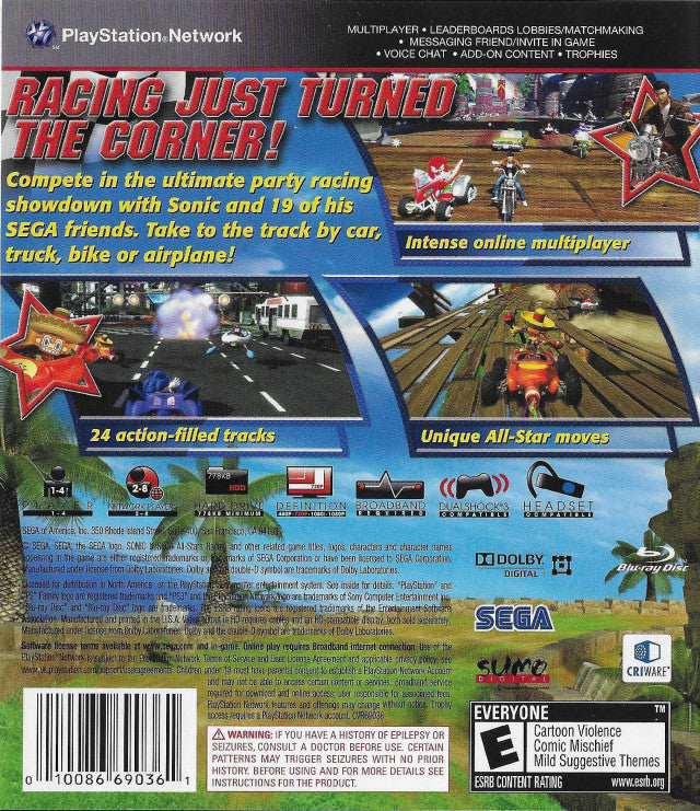 Sonic & Sega All-Stars Racing Back Cover - Playstation 3 Pre-Played