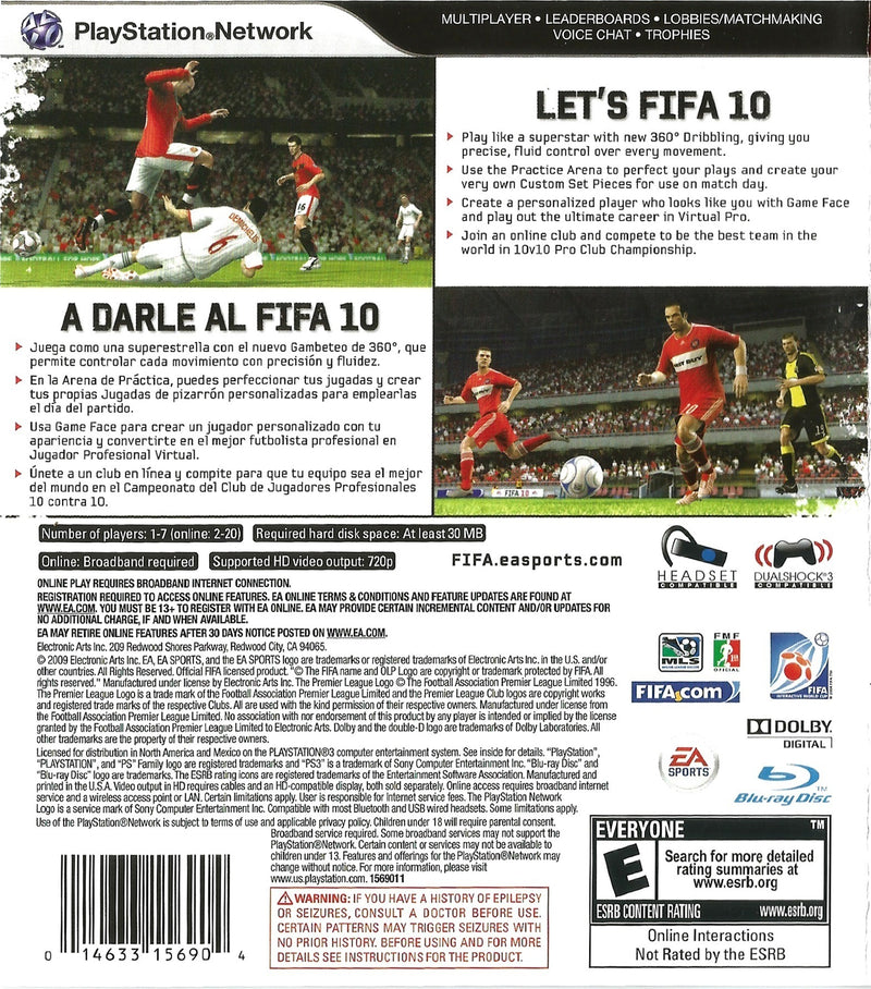 FIFA Soccer 10 Back Cover - Playstation 3 Pre-Played