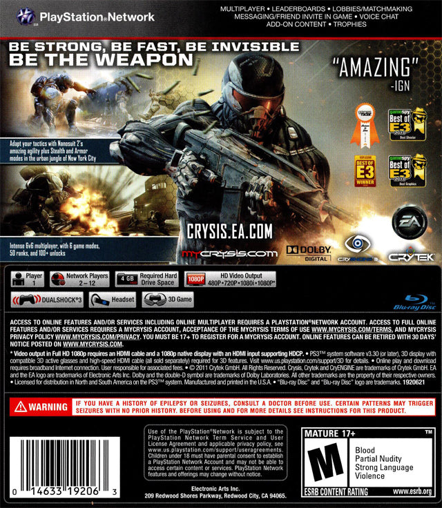 Crysis 2 Back Cover - Playstation 3 Pre-Played