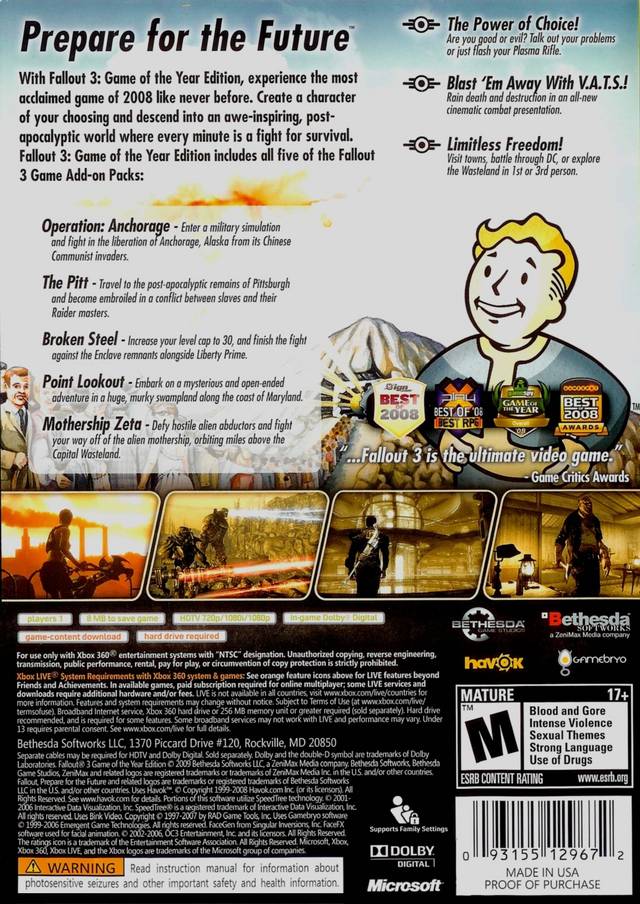 Fallout 3: Game of the Year Edition Back Cover - Xbox 360 Pre-Played 