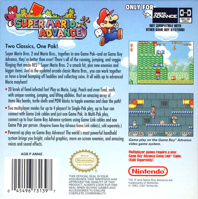 Super Mario Advance Back Cover - Nintendo Gameboy Advance Pre-Played