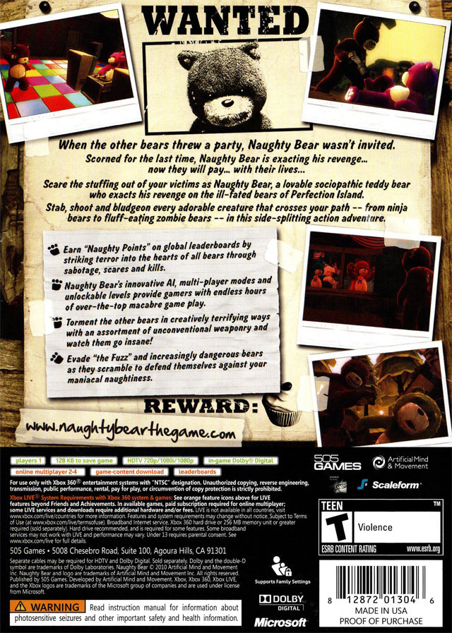 Naughty Bear Back Cover - Xbox 360 Pre-Played