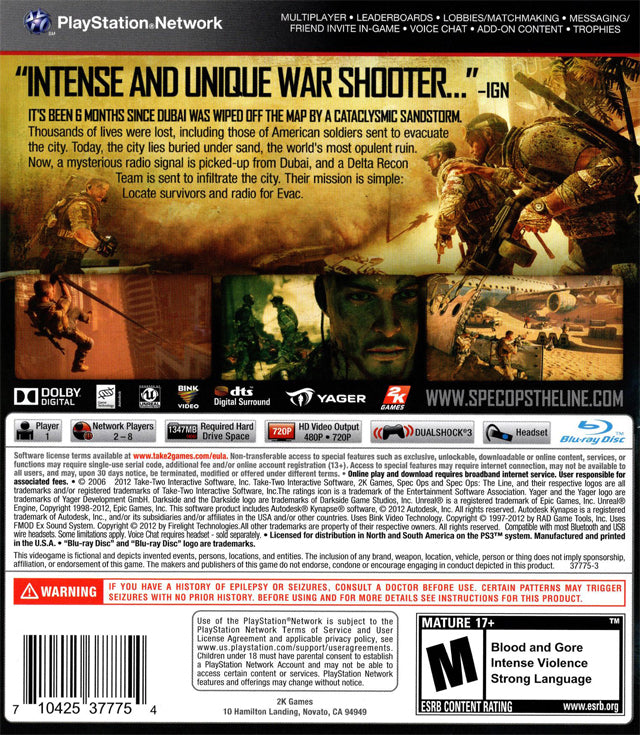 Spec Ops: The Line Back Cover - Playstation 3 Pre-Played