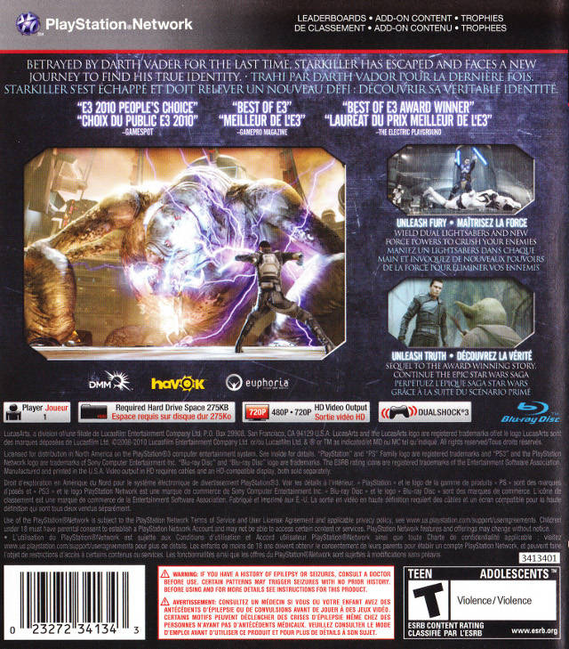 Star Wars The Force Unleashed 2 Back Cover - Playstation 3 Pre-Played