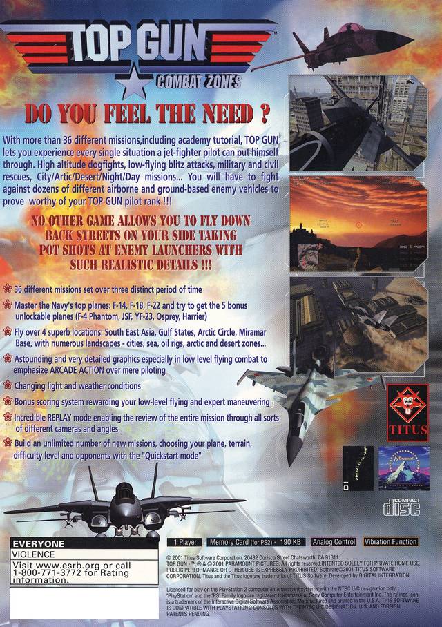 Top Gun Combat Zones Back Cover - Playstation 2 Pre-Played