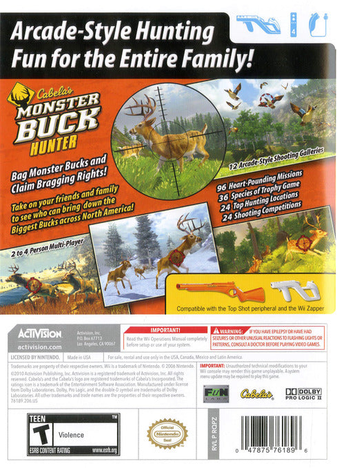 Cabela's Monster Buck Hunter Back Cover - Nintendo Wii Pre-Played