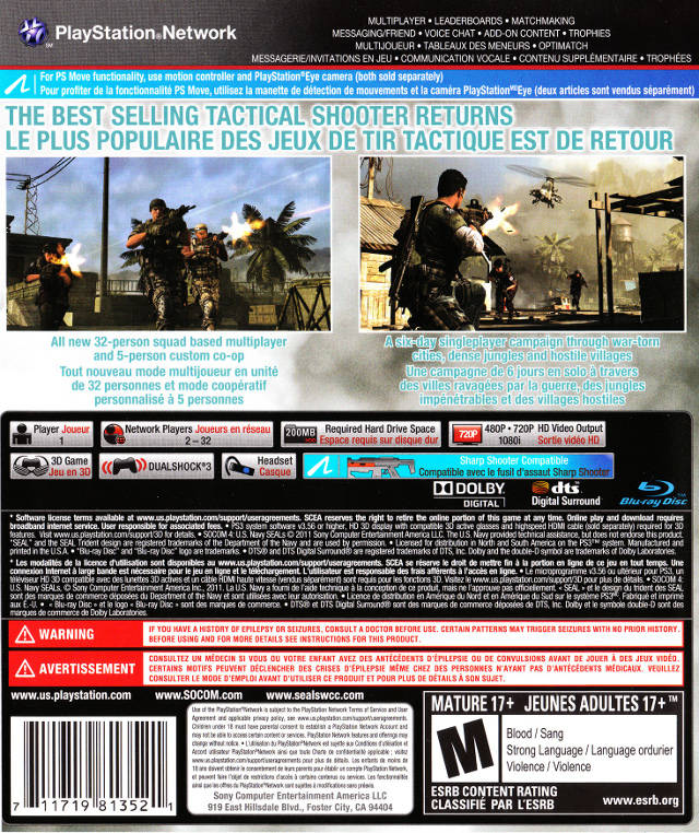 SOCOM 4 U.S. Navy Seals Back Cover - Playstation 3 Pre-Played