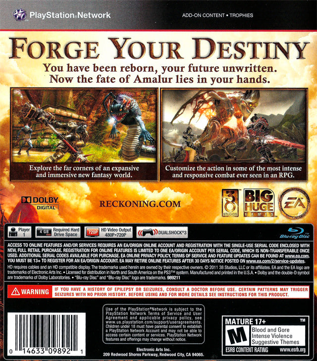 Kingdoms of Amalur: Reckoning Back Cover - Playstation 3 Pre-Played