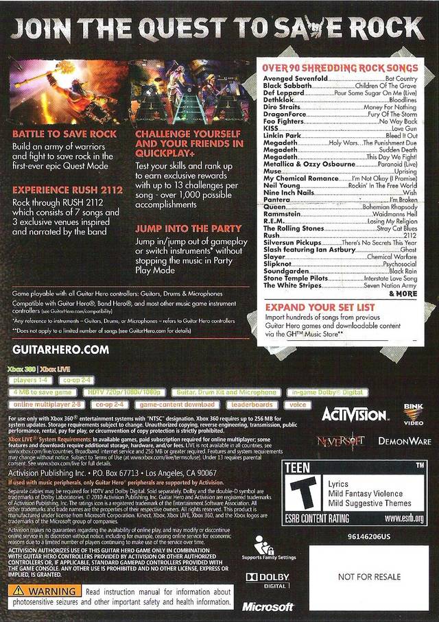 Guitar Hero Warriors of Rock Back Cover - Xbox 360 Pre-Played