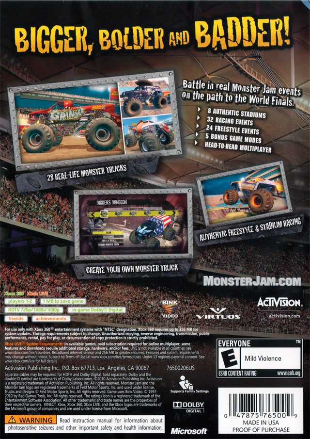 Monster Jam Path of Destruction Back Cover - Xbox 360 Pre-Played