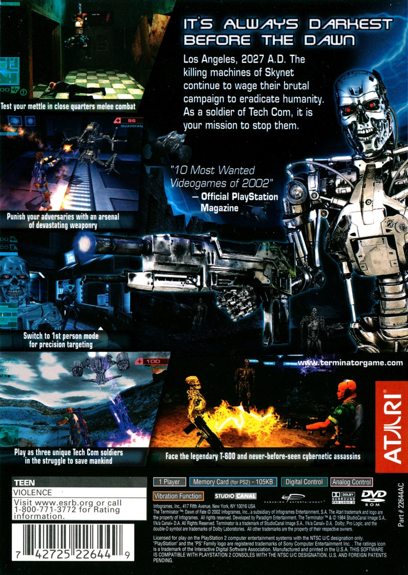 Terminator Dawn of Fate Back Cover - Playstation 2 Pre-Played
