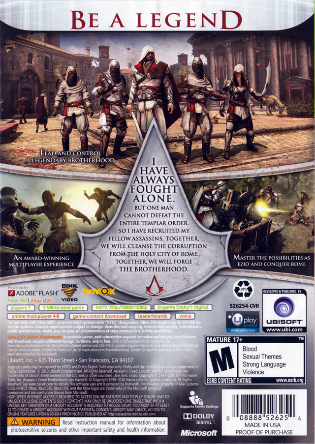 Assassin's Creed Brotherhood Back Cover - Xbox 360 Pre-Played