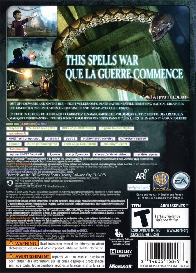 Harry Potter and the Deathly Hallows Part 1 Back Cover - Xbox 360 Pre-Played