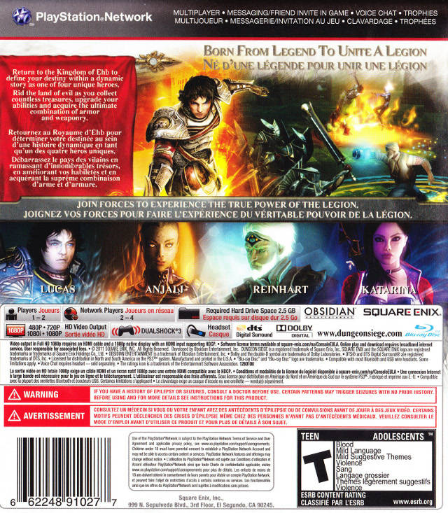 Dungeon Siege III Back Cover - Playstation 3 Pre-Played