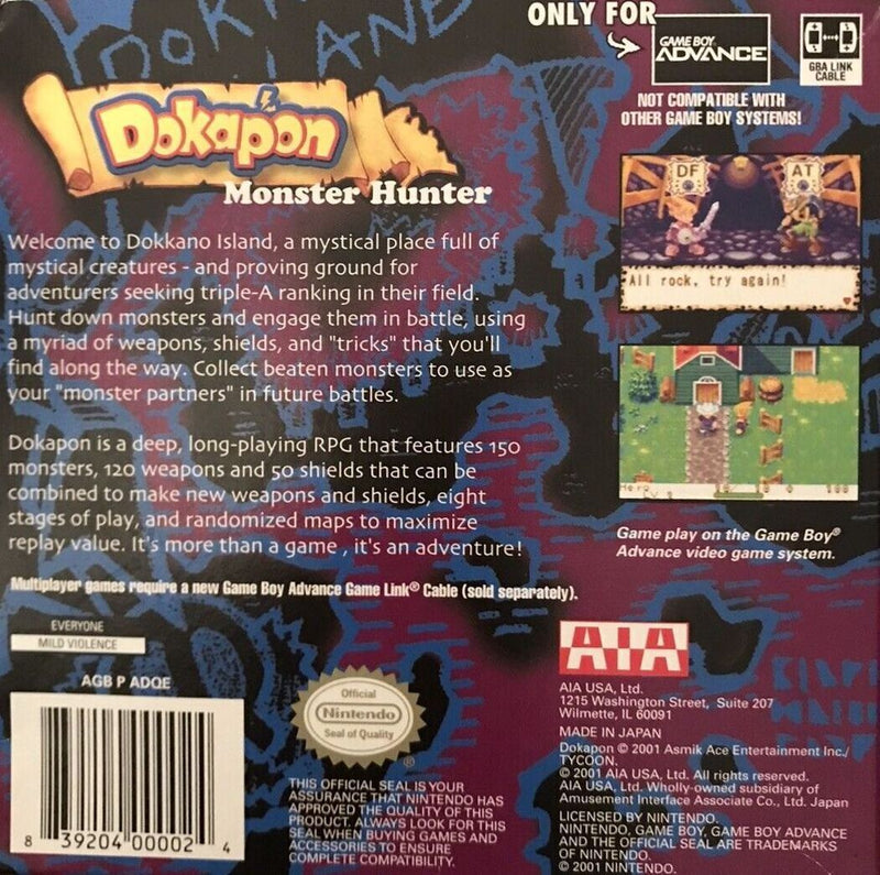 Dokapon Monster Hunter Back Cover - Nintendo Gameboy Advance Pre-Played