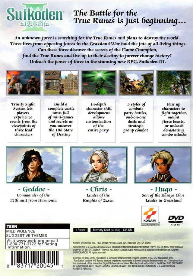 Suikoden III Back Cover - Playstation 2 Pre-Played