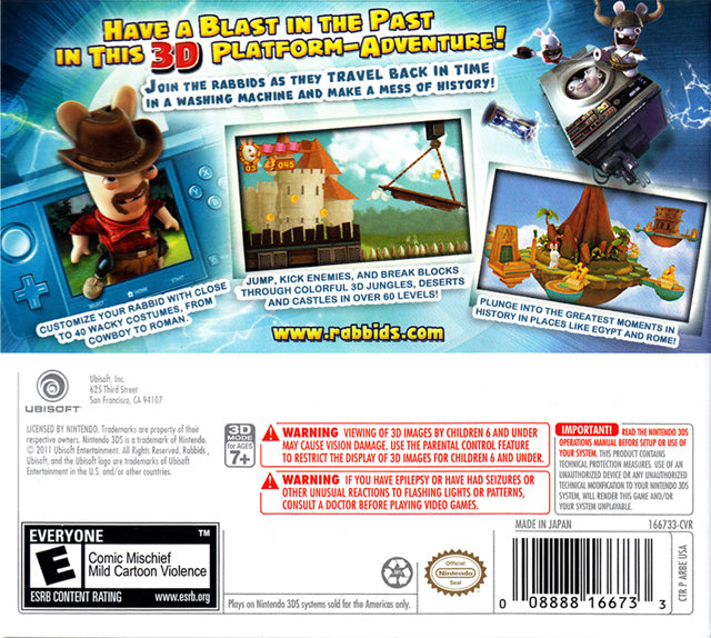 Raving Rabbids Travel in Time Back Cover - Nintendo 3DS Pre-Played