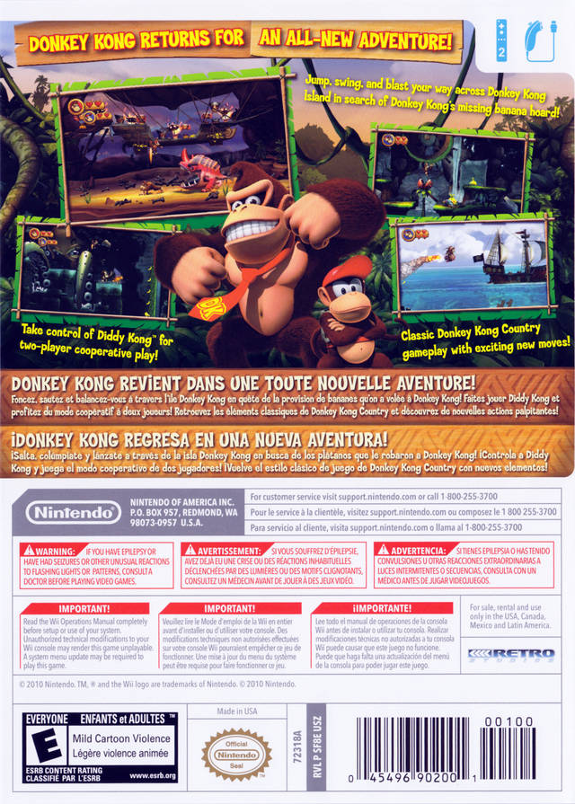 Donkey Kong Country Returns Back Cover - Nintendo Wii Pre-Played