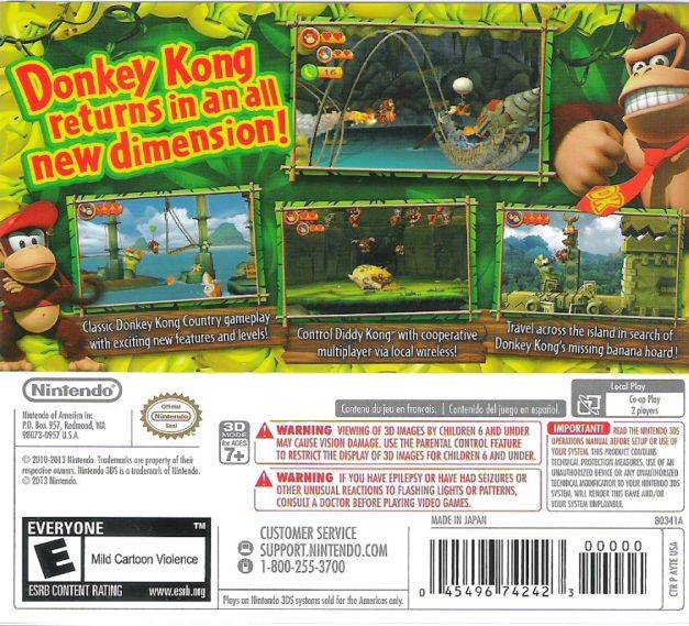 Donkey Kong Country Returns 3D Back Cover - Nintendo 3DS Pre-Played