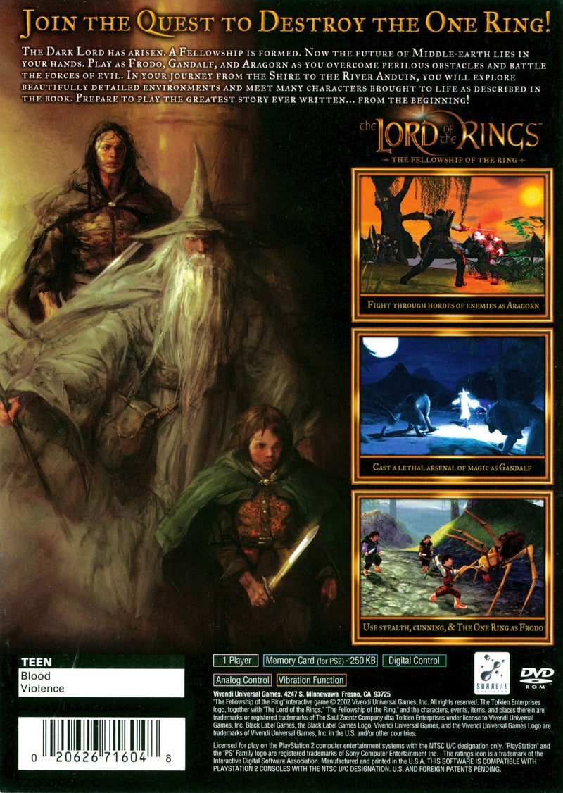 The Lord of the Rings The Fellowship of the Ring Back Cover - Playstation 2 Pre-Played