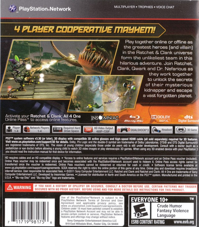 Ratchet & Clank All 4 One Back Cover - Playstation 3 Pre-Played
