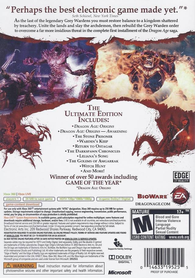 Dragon Age Origins Ultimate Edition Back Cover - Xbox 360 Pre-Played