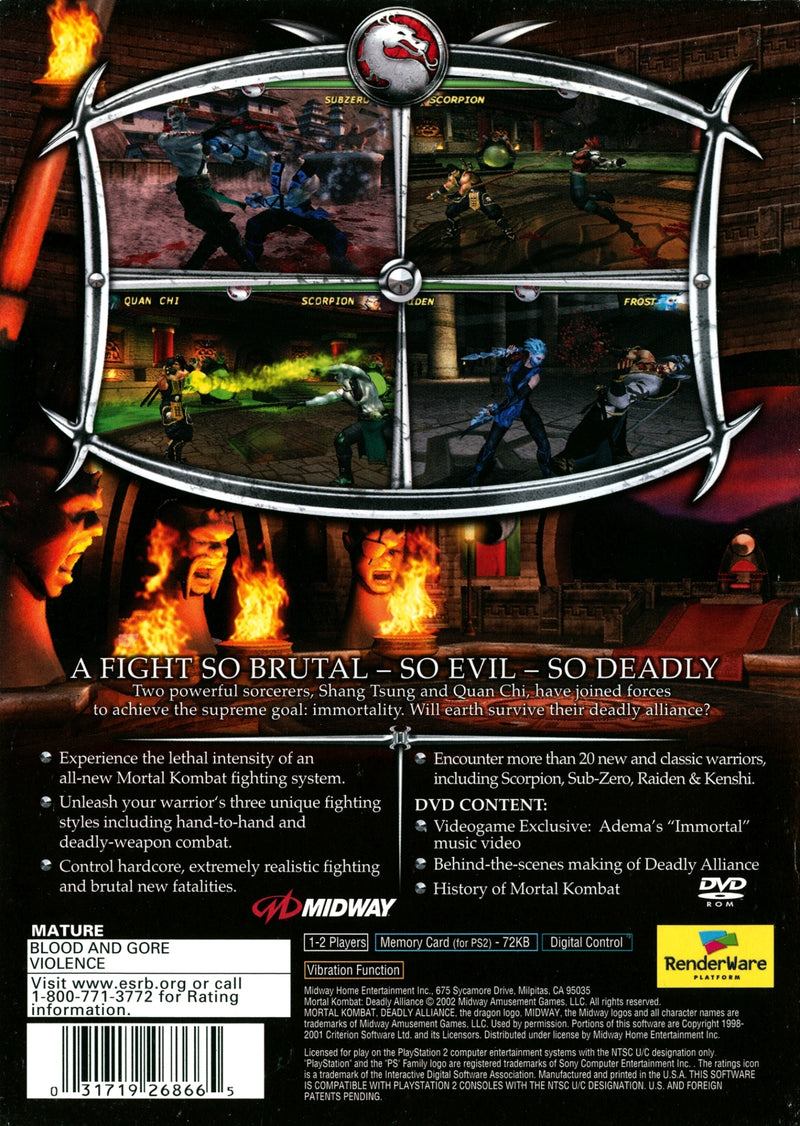 Mortal Kombat Deadly Alliance Back Cover - Playstation 2 Pre-Played