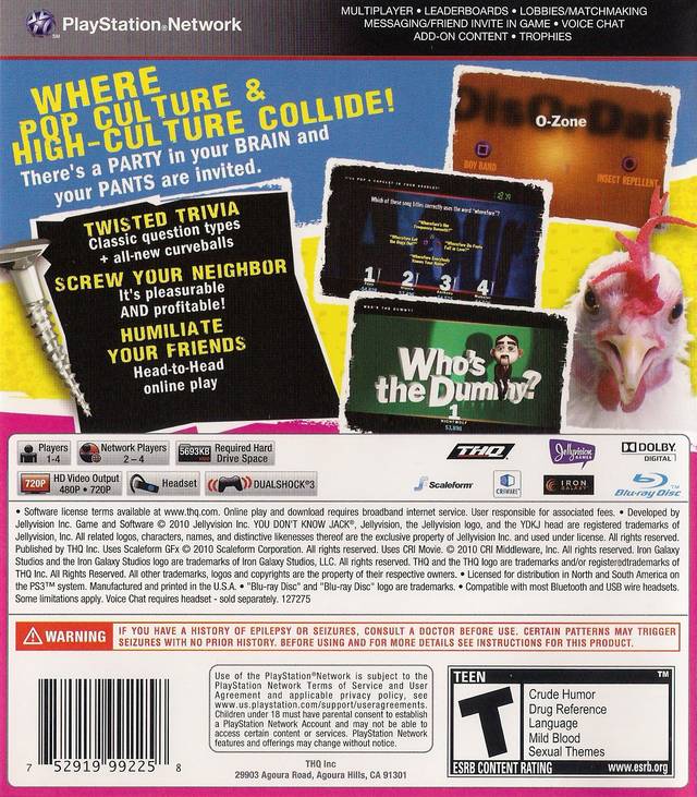 You Don't Know Jack Back Cover - Playstation 3 Pre-Played