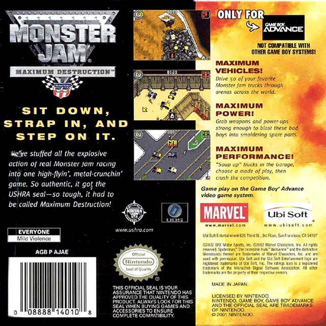 Monster Jam Maximum Destruction Back Cover - Nintendo Gameboy Advance Pre-Played