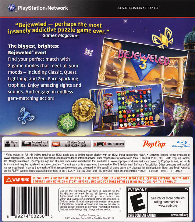 Bejeweled 3 - Playstation 3 Pre-Played Back Cover