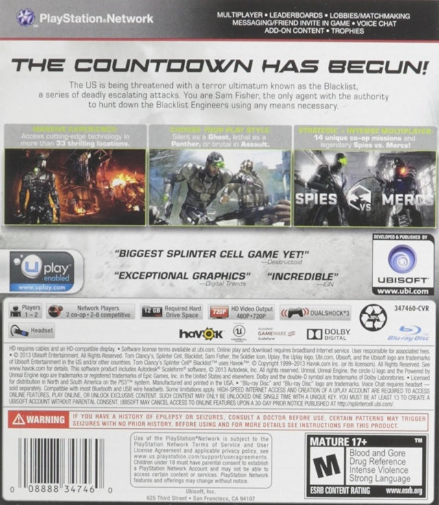 Splinter Cell Blacklist Back Cover - Playstation 3 Pre-Played