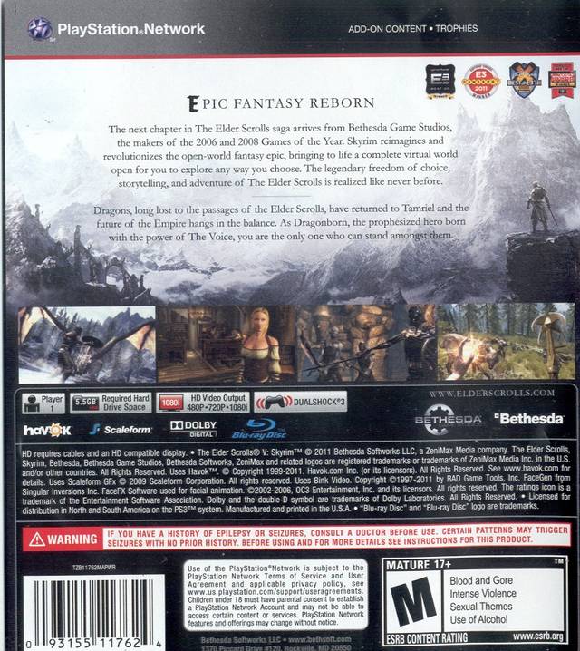 The Elder Scrolls V Skyrim Back Cover - Playstation 3 Pre-Played