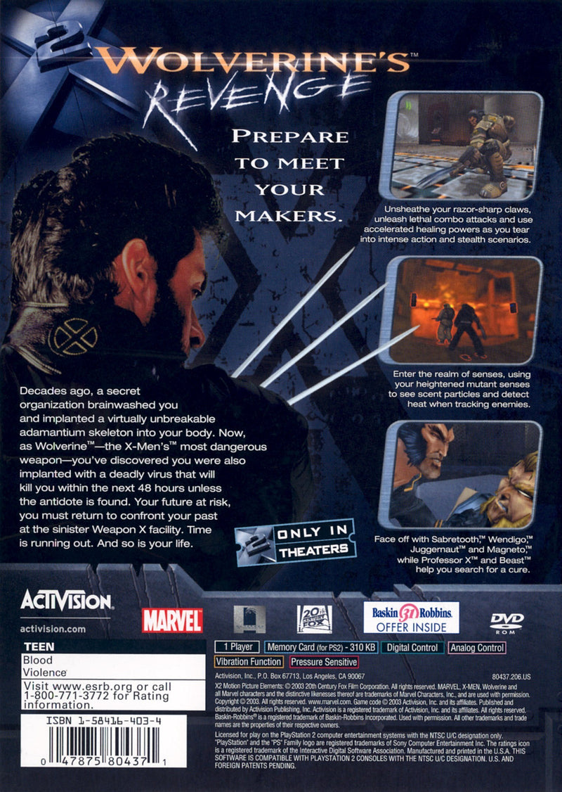 X2 Wolverine's Revenge Back Cover - Playstation 2 Pre-Played