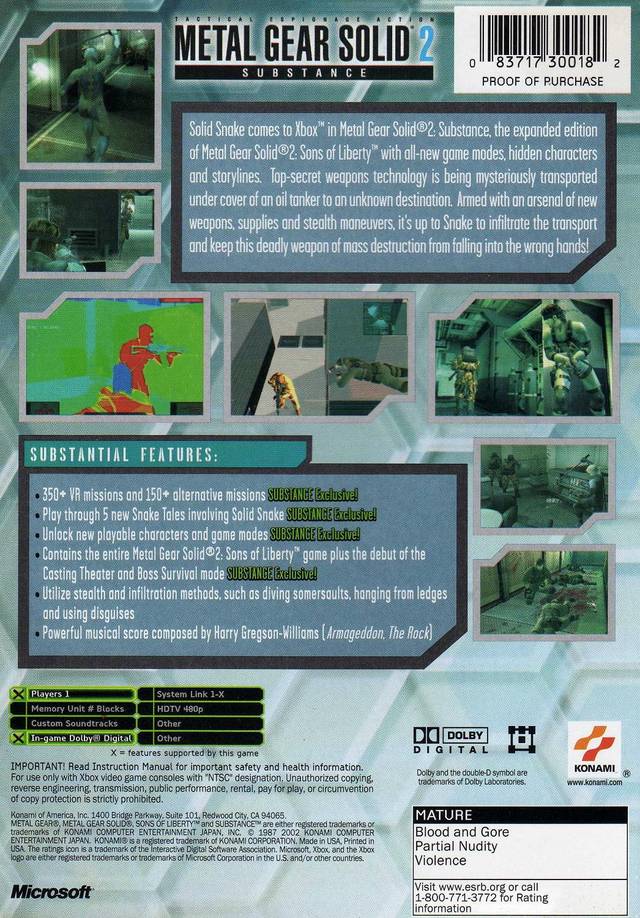 Metal Gear Solid 2 Substance - Xbox Pre-Played