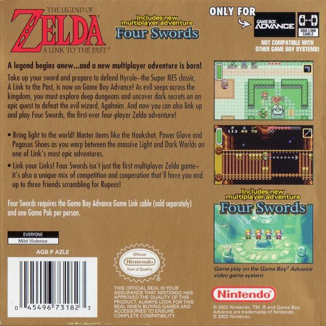The Legend of Zelda: A Link to the Past (Includes Four Swords Adventure) Back Cover - Nintendo Gameboy Advance Pre-Played