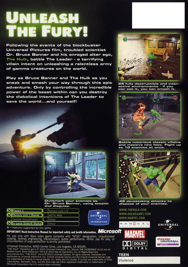 Hulk Back Cover - Xbox Pre-Played