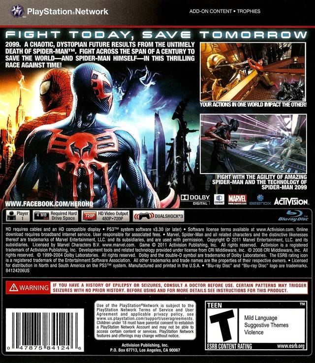 Spiderman Edge of Time Back Cover - Playstation 3 Pre-Played