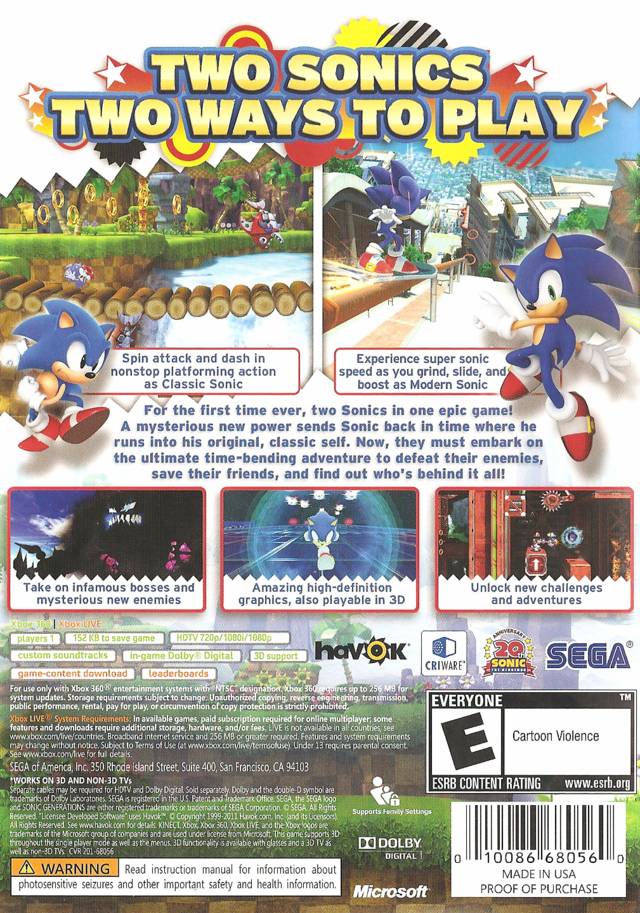 Sonic Generations Back Cover - Xbox 360 Pre-Played