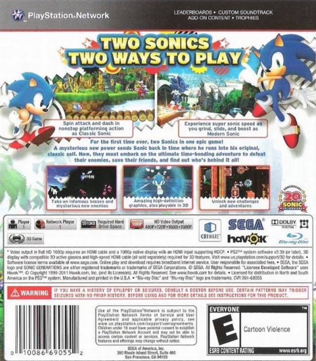 Sonic Generations Back Cover - Playstation 3 Pre-Played