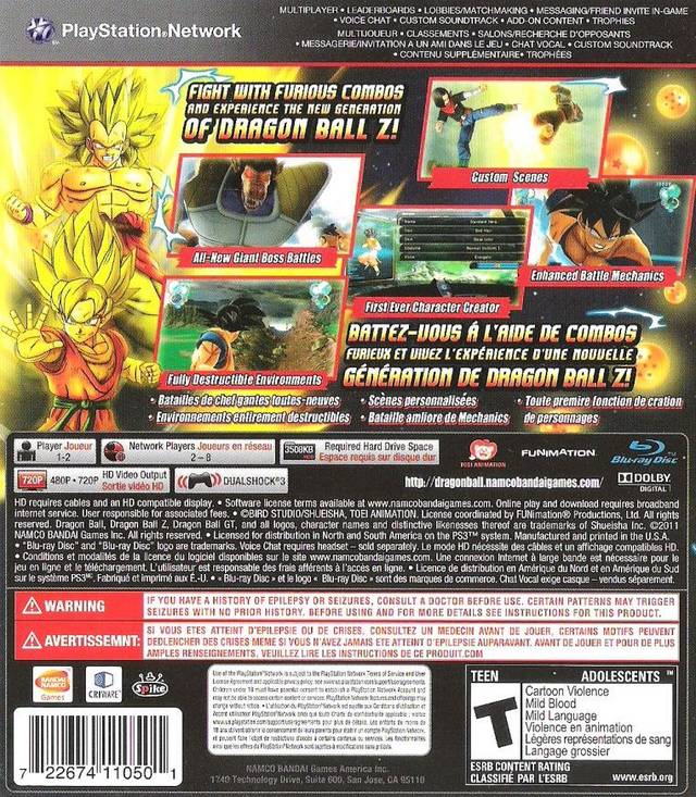 Dragonball Z Ultimate Tenkaichi Back Cover - Playstation 3 Pre-Played