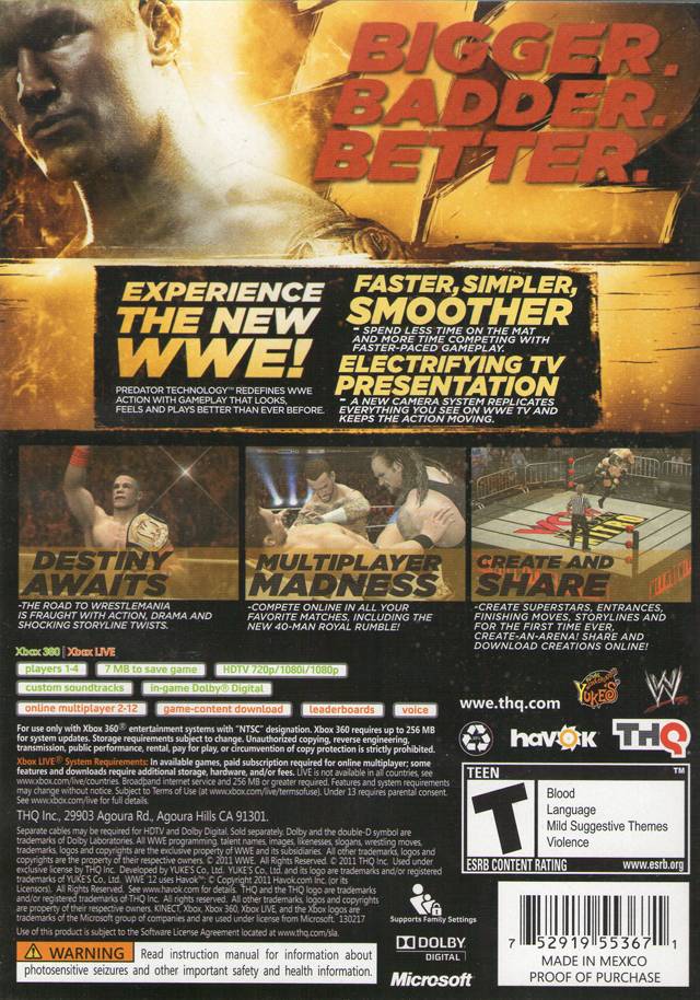 WWE 12 Back Cover - Xbox 360 Pre-Played