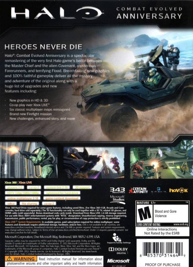 Halo Combat Evolved Anniversary Back Cover - Xbox 360 Pre-Played